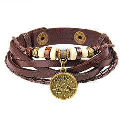 Vierge 12 bracelets de constellation, cordon en cuir avec les accessoires en laiton, plat rond, virgo, 8-5/8 pouce (22 cm)