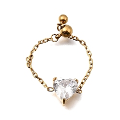 Сердце 304 Регулируемые кольца цепи из нержавеющей стали с инкрустацией кубическим цирконием, прозрачные, золотые, сердце, внутренний диаметр: 15~17 мм, Поверхность: 8x7.5 мм