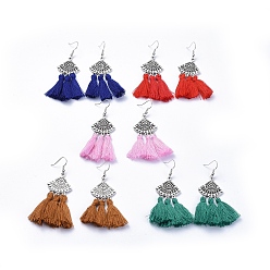 Mixed Color Cotton Thread Tassels Dangle Earrings, with Alloy Links and Brass Earring Hooks, Mixed Color, 70~74mm, Pin: 0.6mm