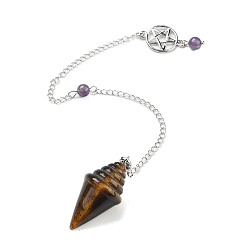 Тигровый глаз Природные маятники с заостренным кончиком тигрового глаза, с реечной обшивкой латунными выводами, конус, 245 мм