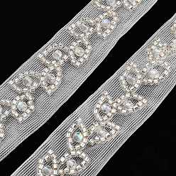 Floral White Polyester Leaf Lace Trims, with ABS Imitation Pearl Beads and Glass, Floral White, 3/4 inch(18mm)