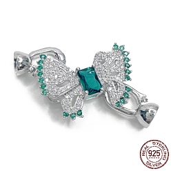 Real Platinum Plated 925 Sterling Silver Micro Pave Teal Cubic Zirconia Fold Over Clasps, Bowknot, Real Platinum Plated, 35mm, Hole: 4mm
