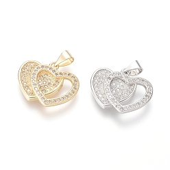 Mixed Color Brass Micro Pave Cubic Zirconia Pendants, Heart with Heart, Clear, Mixed Color, 16x19.5x3mm, Hole: 5x3.5mm