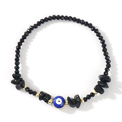 Обсидиан Браслеты из натурального обсидиана, латуни и стеклянных бусин, украшенные оберегами от сглаза, для повседневного ношения., 6.89 дюйм (17.5 см)