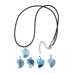 Темно-Голубой Ожерелья с подвеской в виде сердца из окрашенного натурального полосатого агата, плетеные черные шнуры ожерелья, цвет нержавеющей стали, глубокое синее небо, 18.39 дюйм (46.7 см)