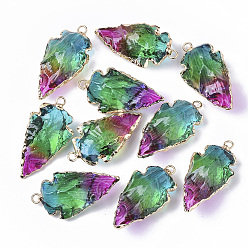 Хрусталь Природного кварца хрустальных подвесок, с краем позолоченные железные петли, с покрытием цвета радуги, наконечник, 30~39x17~22x6~12 мм, отверстие : 1.8~2.5 мм