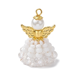 Белый Подвески из бисера ручной работы, с золотой эластичной нитью, Ткацкий станок, с бусиной-бабочкой из сплава и круглой бусиной из стеклянного жемчуга, ангел и фея, белые, 37x22x24 мм, отверстие : 2.5x2 мм