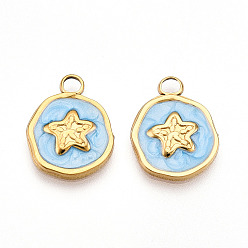 Светло-Голубой 304 подвески из нержавеющей стали, с эмалью, плоский круглый со звездными подвесками, ионное покрытие (ip), реальный 18 k позолоченный, Небесно-голубой, 16.5x13x2 мм, отверстие : 2.5 мм
