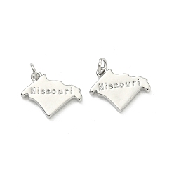 Platinum Brass Pendants, Nuggets with Word Missouri Charms, Long-Lasting Plated, Rack Plating, Lead Free & Cadmium Free, Platinum, 15x18x2.5mm, Jump Ring: 5x1mm, 3mm inner diameter