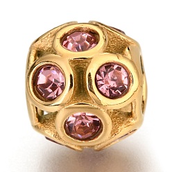 Розовый Ионное покрытие (ip) 304 европейские бусины из нержавеющей стали, бусины с большим отверстием, со стразами, рондель, золотые, светло-розовый, 11x9.5 мм, отверстие : 5 мм