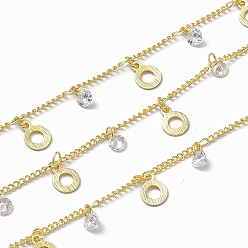 Real 18K Gold Plated Handmade Brass Curb Chains, with Ring & Clear Cubic Zirconia Charms, Soldered, with Spool, Real 18K Gold Plated, Link: 2x1.5x0.4mm