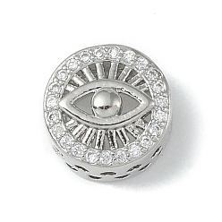 Платина Покрытие стойки латунь микропаве прозрачные кубические циркониевые бусины, долговечный, без свинца и без кадмия, плоские круглые с глаз, платина, 10x6.5 мм, отверстие : 2.5 мм