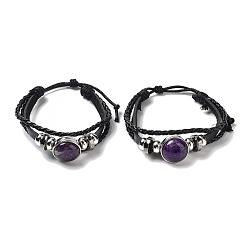 Аметист Многониточные браслеты из натурального аметиста, регулируемые браслеты из плетеного шнура из искусственной кожи для унисекс, внутренний диаметр: 2-3/8~2-7/8 дюйм (5.9~7.3 см)