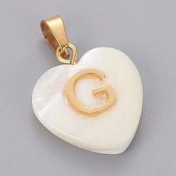 Letter G Shell Anhänger, mit 304 Edelstahl Zubehör, Herz mit Brief, golden, letter.g, 23.5x20x7 mm, Bohrung: 3.5x7 mm