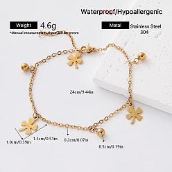 Clover 304 Stainless Steel Charm Anklets for Women, Golden, Clover, 9-1/2 inch(240mm)