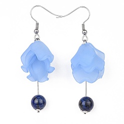 Синий Болтаются серьги, с 304 фурнитурой из нержавеющей стали, акриловые подвески и натуральный лазурит, цветок, синие, 59~63 мм, кулон: 40~44x20x14 мм, контактный: 0.7 мм
