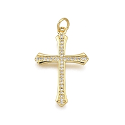 Настоящее золото 18K Латунные микро проложить кубического циркония подвески, крестик, долговечный, без свинца и без кадмия, стойки покрытие, с целью перехода в кольце, реальный 18 k позолоченный, 27x18x2 мм, отверстие : 3.5 мм