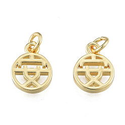 Echt 14 k vergoldet Messing Charme, mit Ringe springen, Nickel frei, flach rund mit chinesischen Zeichen, echt 14 k vergoldet, 13.5x10x2 mm, Sprungring: 5x1 mm, 3 mm Innen Durchmesser