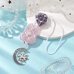Mixed Stone Nuggets Raw Natural Amethyst & Rose Quartz Pouch Pendant Decorations, Alloy Moon Sun Charms and Braided Nylon Thread Car Hanging Ornaments, 230~235mm