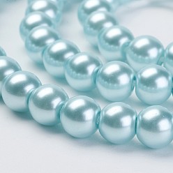 Aqua Eco-Friendly Dyed Glass Pearl Beads Strands, Grade A, Round, Cotton Cord Threaded, Aqua, 6mm, Hole: 1.2~1.5mm, about 70pcs/strand, 15.7 inch