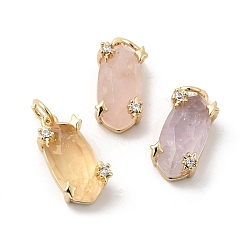 Смешанные камни Граненые кулоны из натурального камня, Овальные подвески с латунными микропаве из прозрачных кубических цирконий и соединительными кольцами, реальный 18 k позолоченный, без кадмия и без свинца, стойки покрытие, долговечный, 16~16.5x7.5~8x7~7.5 мм, отверстие : 3.5 мм