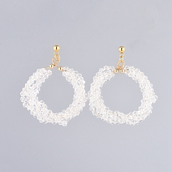 Clair Boucles d'oreille, avec des perles de verre à facettes, Boucles d'oreilles 304 en acier inoxydable plaqué or, perles en laiton et écrous d'oreille, clair, 54mm, pin: 0.7 mm