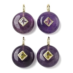 Аметист Подвески из натурального аметиста , плоские круглые подвески с латунной микропаве из кубических цирконий случайных цветов, золотые, 22x16x6.5~8 мм, отверстие : 2.5x4 мм