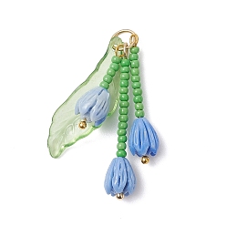 Васильковый Подвески из стеклянных бусин в виде цветка магнолии, с акрилом и смолой и 304 открытыми соединительными кольцами из нержавеющей стали, васильковый, 20~35.5x7 мм, отверстие : 5 мм