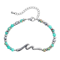 Имперская яшма 304 Браслеты из нержавеющей стали с волнообразными звеньями, Браслеты из натурального императорского камня и круглых бусин из латуни для женщин, 6.50 дюйм (16.5 см) ~ 6.69 дюйм (17 см)