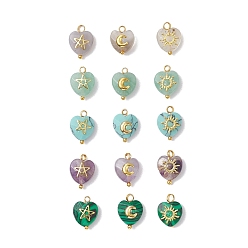 Золотой 15 шт. 15 стили ограненные сердечки из драгоценных камней с латунными солнечными звездами и лунными ломтиками, натуральный аметист, серый агат, зеленый авантюрин, синтетический малахит и бирюза, золотые, 14x10x5.5 мм, отверстие : 1.6 мм, 1 шт / стиль