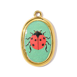 Красный Печатные 304 подвески из нержавеющей стали, овал с подвесками в виде божьих коровок, ионное покрытие (ip), реальный 18 k позолоченный, красные, 28x17 мм