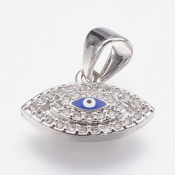 Platin Farbe Messing Mikro ebnen Zirkonia Charme, cadmiumfrei und bleifrei, mit Emaille, Auge, Platin Farbe, 9x14x2.5 mm, Bohrung: 3.5x4.5 mm