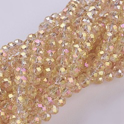 PeachPuff Electroplate Glass Beads Strands, Full Rainbow Plated, Faceted, Rondelle, PeachPuff, 3~3.5x2~2.5mm, Hole: 0.8mm, about 135~140pcs/strand, 14.6 inch(37cm)