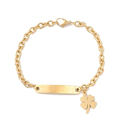 Golden 201 Stainless Steel Rectangle & Clover Charm Bracelet with Cable Chain for Women, Golden, 7-5/8 inch(19.3cm)