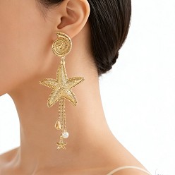 Золотой Сплав мотаться серьги стержня, с пластиковыми жемчужинами и натуральной раковиной, в форме раковины с морской звездой, золотые, 120x28 мм
