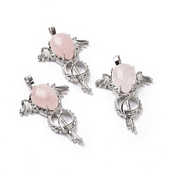 Розовый Кварц Подвески из натурального розового кварца в форме капли, Брелоки для ключей, с стеллаж металлизированный платины тон выводов латуни, 46x32x9~10.5 мм, отверстие : 7x5 мм