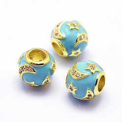 Türkis Messing Emaille europäischen Perlen, mit Zirkonia, Großloch perlen, Runde mit Mond und Stern, Bleifrei und Nickel frei und Cadmiumfrei, echt 18 k vergoldet, Türkis, 10x9 mm, Bohrung: 4 mm