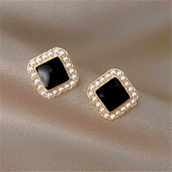 Square Alloy Enamel Earrings for Women, with Imitation Pearl Beads, Square, 18x11mm