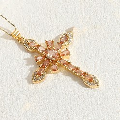 Легкий Лосось Крест латунные микропаве кубические цирконии подвески ожерелья, золотые, светлый померанцевый, 17.72 дюйм (45 см)