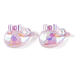Pearl Pink Transparent Epoxy Resin Whale with Bowknot Decoden Cabochons, with Glitter Powder, Pearl Pink, 19x26x7.5mm