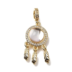 Golden Brass Micro Pave Clear Cubic Zirconia Pendants, with Resin, Woven Net/Web with Feather Charms, Rack Plating, Long-Lasting Plated, Cadmium Free & Lead Free, Golden, 32.5mm, Hole: 4.5mm