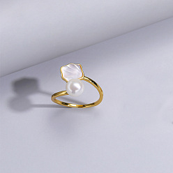 Shell Shape Натуральный пресноводный жемчуг с кольцами-манжетами из натуральных ракушек, золотые, формы раковины, внутренний диаметр: 15~19 мм