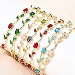 Mixed Color Leaf Brass Micro Pave Cubic Zirconia Link Chain Bracelets for Women, Cadmium Free & Lead Free, Real 18K Gold Plated, Rack Plating, Long-Lasting Plated, Mixed Color, 8.90 inch(22.6cm)