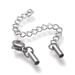 Stainless Steel Color 304 Stainless Steel Curb Chain Extender, with Cord Ends and Lobster Claw Clasps, Stainless Steel Color, Chain Extender: 53mm, Clasps: 9.5x6.5x3.5mm, Cord Ends: 7.5x2.5mm, 2mm inner diameter