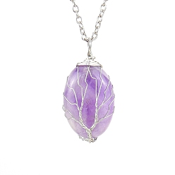 Amethyst Natural Amethyst Oval Pendant Necklace with Platinum Alloy Chains, 20.87 inch(53cm)