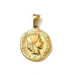 Настоящее золото 18K 304 подвески из нержавеющей стали, ионное покрытие (ip), плоский круглый с человеческим обаянием, реальный 18 k позолоченный, 21x17.5x2 мм, отверстие : 5x2.5 мм