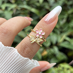 Pink Brass Micro Pave Cubic Zirconia Cuff Open Rings for Women, with Enamel, Flower, Real 18K Gold Plated, Pink, US Size 4 1/4(15mm)~20mm