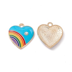 Темно-Голубой Кулон эмали сплава, со стразами, сердце с радужным шармом, золотые, глубокое синее небо, 20x18x3.5 мм, отверстие : 2 мм
