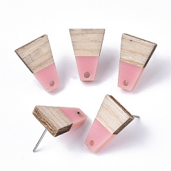Light Coral Resin & Cedarwood Stud Earring Findings, with 304 Stainless Steel Pin, Trapezoid, Light Coral, 18x12.5mm, Hole: 1.8mm, Pin: 0.7mm