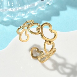 Золотой 304 открытые кольца-манжеты из нержавеющей стали для женщин, сердце, золотые, размер США 8 3/4 (18.7 мм)